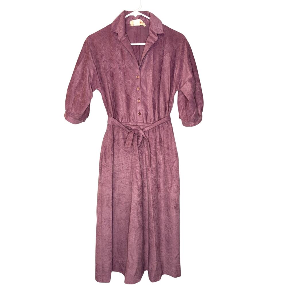 Vintage 80s David Warren Purple Faux Suede Belted Midi Dress 8